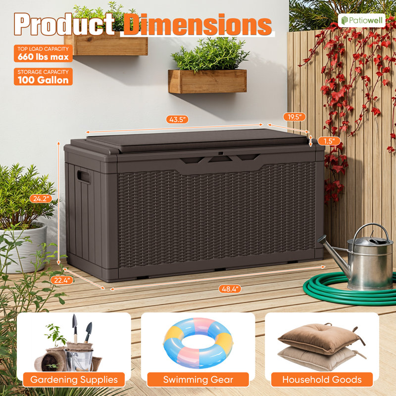 Boîte de rangement verrouillable en résine 100 gallons avec coussin, Brun