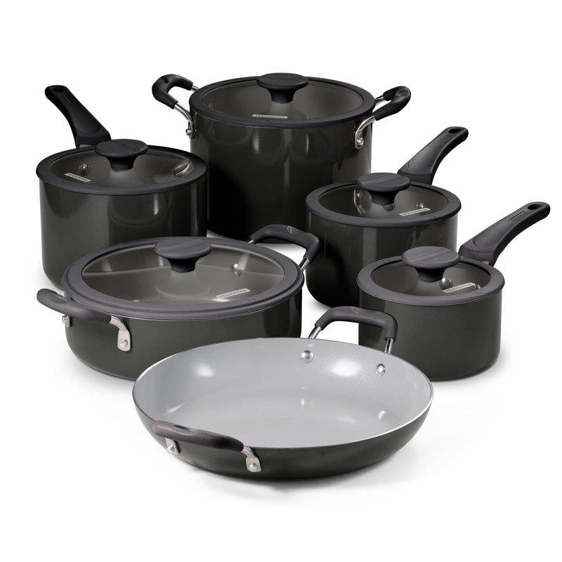 Batterie de cuisine gigogne en céramique antiadhésive 11 pièces - empilable, gris foncé, Gris foncé