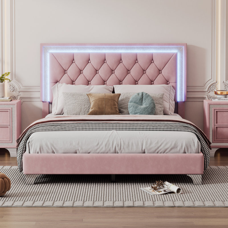 Lit plateforme en velours avec tête de lit capitonnée et lumières DEL Mikhale, Double, Rose