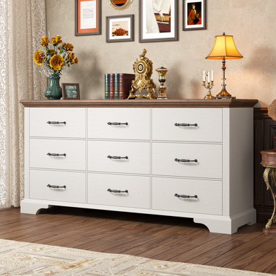 63.1"W 9 Drawer Farmhouse Dresser with Wood Top,Storage Chest for Bedroom, Living Room, TV Stand