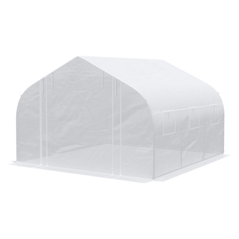 Serre de 12 pi x 10 pi avec structure en acier galvanisé Outsunny, porte en filet à fermeture à glissière et 6 fenêtres de ventilation, blanc