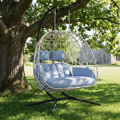 Switte Modern Bohemian 2-Person Swing Chair with Stand, 650 lb Capacity, All-Weather Indoor/Outdoor Double Egg
