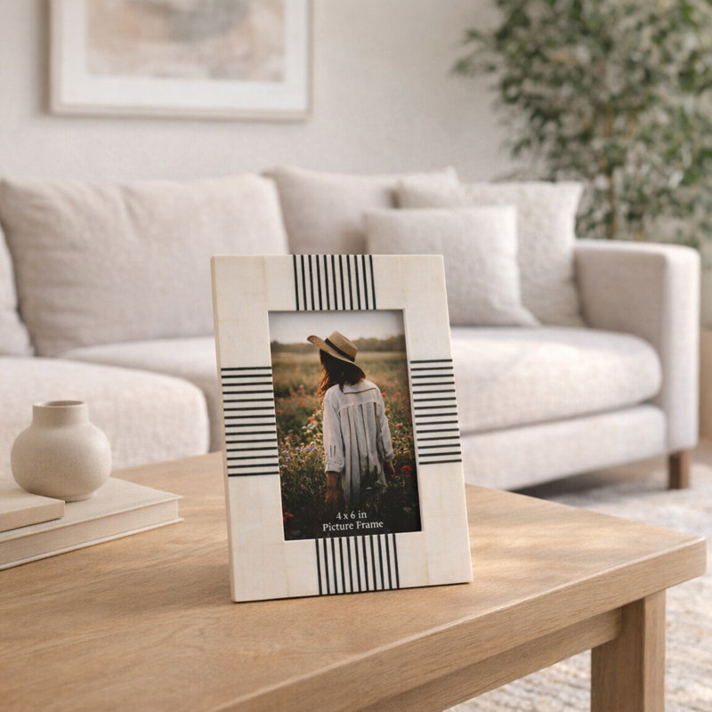 Rectangular Decorative Photo Frame with Striped Design - Stylish Picture Frame for Console Table Accent for Entryway Decor - 9", Black & White