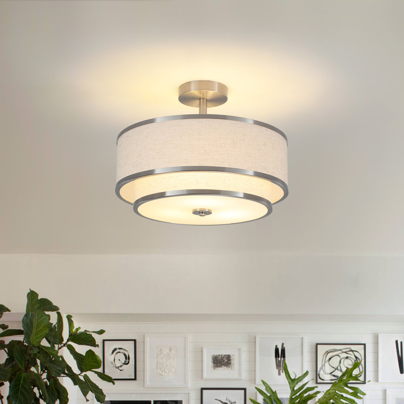 Semi Flush Mount Ceiling Light Fixture, Modern Light Fixtures Ceiling Mount with Fabric Shade, 3-Light Double Drum Lighting Fixtures Close to Ceiling Light for Bedroom