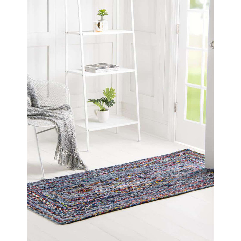 Tapis bleu tressé à la main Tullie, Tapis de couloir 2 pi 7 po x 6 pi 1 po
