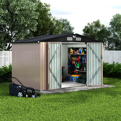 8x10FT Metal Storage Shed Outdoor with Solar Light, Lockable Door & Air Vents, Galvanized Steel Garden Tool Shed for Backyard
