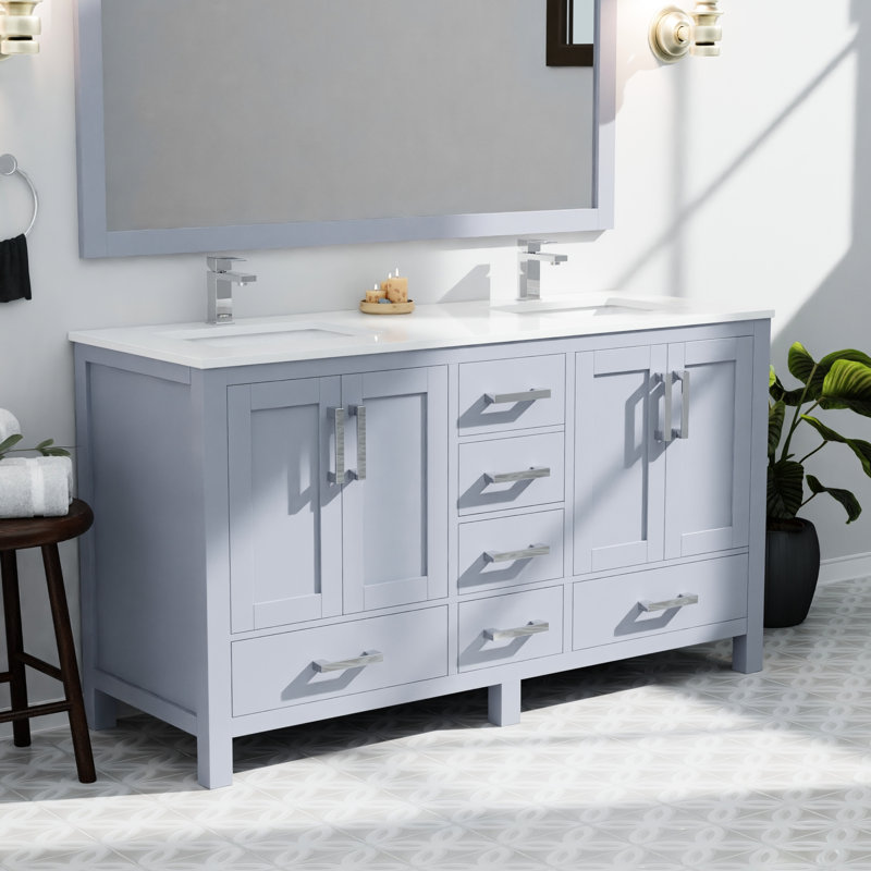 Meuble-lavabo double 60 po Largeur, caractère gris foncé, plateau en quartz blanc, robinet inclus et compartiments de tiroir d'armoire longs, apparence, espace intérieur