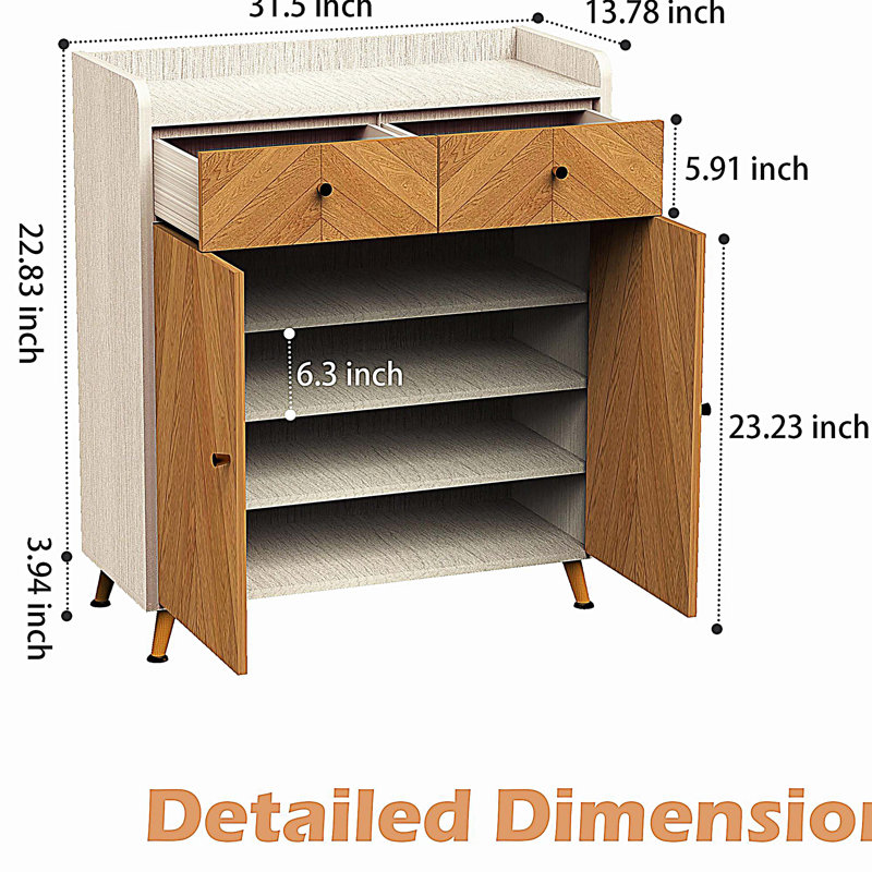 4-Tier Shoe Rack Organizer with 2 Drawer, Wooden Shoe Storage Cabinet with 2 Door & Adjustable Shelves, Oak