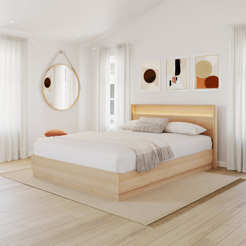 Harlow Queen Size Slatted Bedframe and Headboard with Integrated Light, Beige