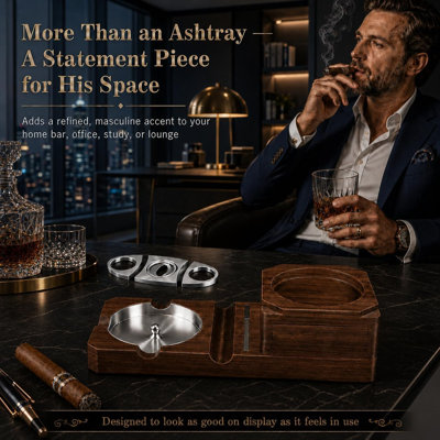 Cendriers à cigares, plateau pour verre à whisky et cendrier d'extérieur amovible en bois pour cigarettes, coffret-cadeau avec coupe-cigares, décoration idéale pour la maison ou le bureau, cadeau pour homme