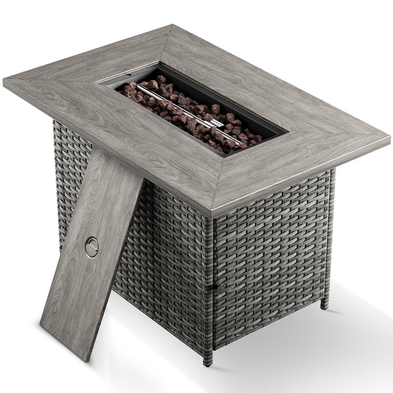Schutt Rectangular PE Wicker Fire Pit Table With Lid - 50,000 BTU Adjustable Outdoor Heater, Gray