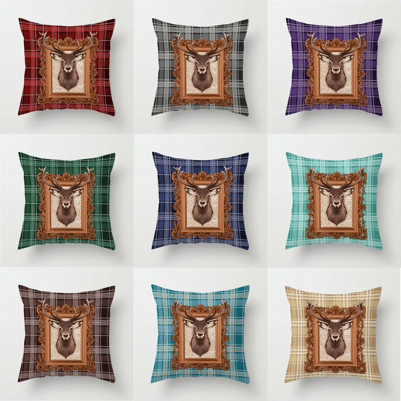 Ackley Tartan Stag Plaid Square Throw Pillow Cover, Teal
