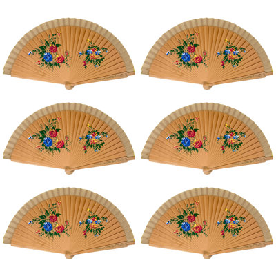 Pack Of 6 Spanish Style Double-Sided Wooden Hand Fans With Painted Flowers – Elegant Feng Shui Wedding, Party, Dance & Festival Accessories (Yellow Beige)