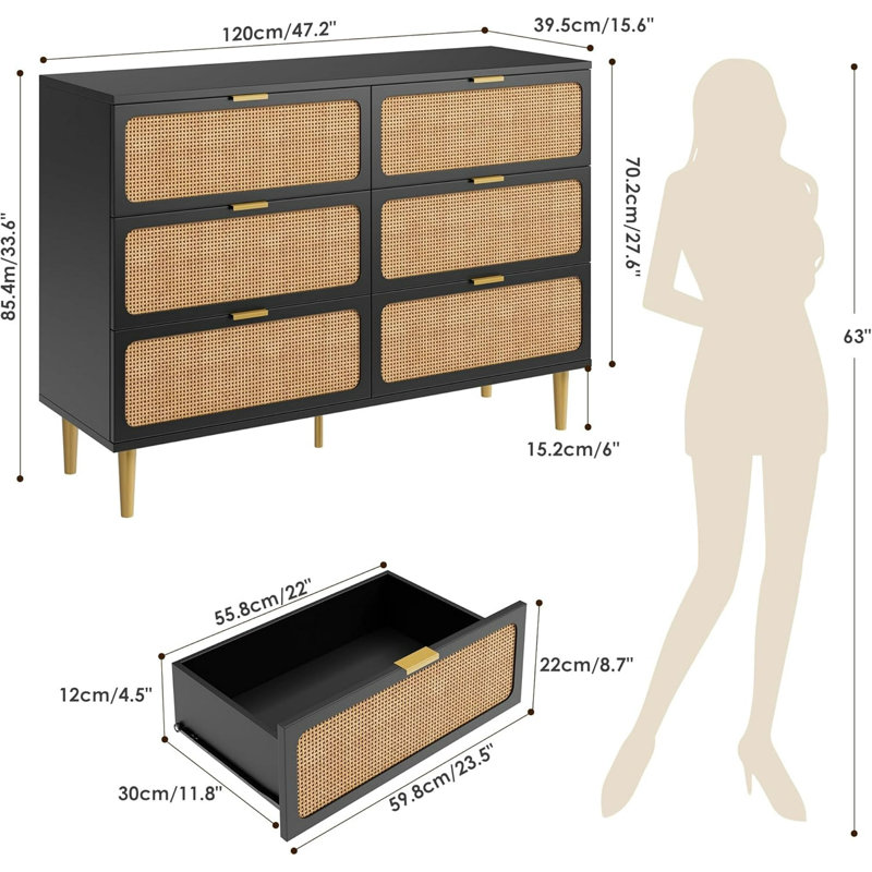 Rattan 6 Drawer Dresser, Black