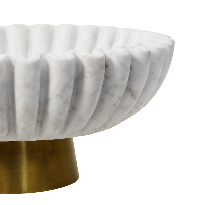 Round Fluted White Marble Bowl With Brass Base