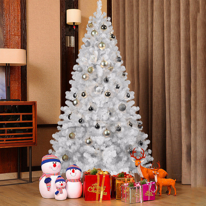 Arbre de Noël artificiel à charnière 9 pi en PVC blanc avec fil mémoire, branches 1910, arbre de Noël facile à assembler