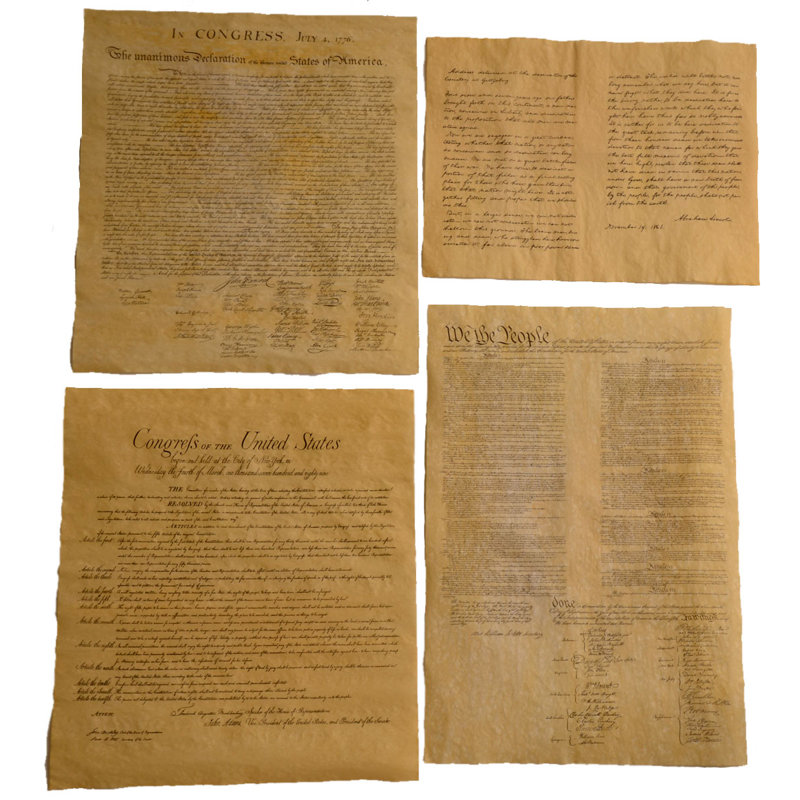 4 documents historiques en papier parchemin teint à la main, déclaration d’indépendance, acte de droits, constitution des états-unis et gettysburg address