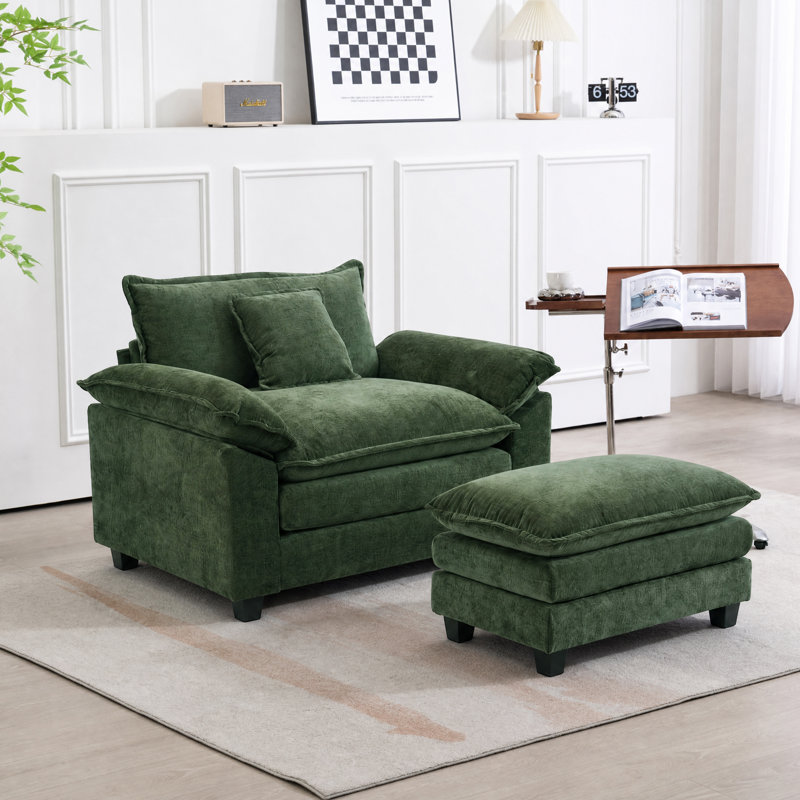 43" Chenille Oversized Accent Chair with Ottoman, Upholstered Lounge Chair, Green