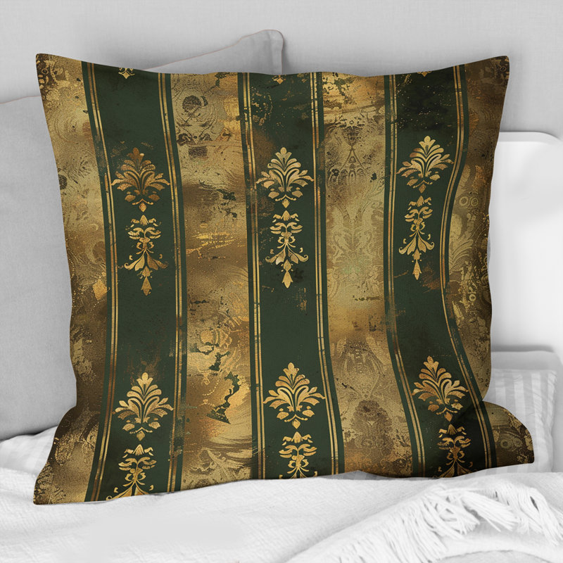 Coussin décoratif à rayures dorées et vertes I, H 16 po x l 16 po