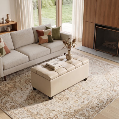 Banc/repose-pieds avec rangement rectangulaire de style transitionnel de 84 cm de large revêtu de cuir végan capitonné