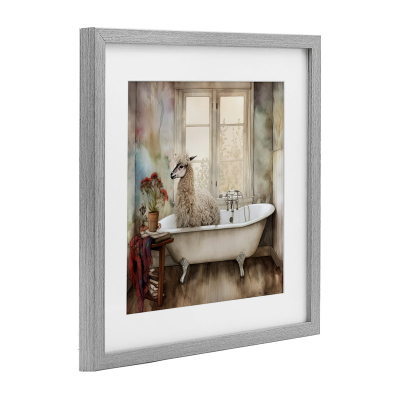 Shaggy Alpaca Bath Time, reproduction encadrée sous verre, conception de Sasha, Cadre de ferme gris, H 16 po x l 16 po