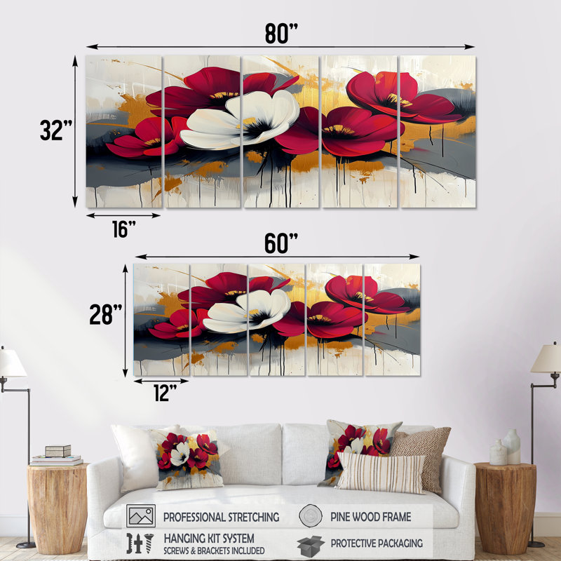«White Red Cornflowers Meadows» - Art mural bleuets - Art mural traditionnel sur toile, H 32 po x l 80 po, 5