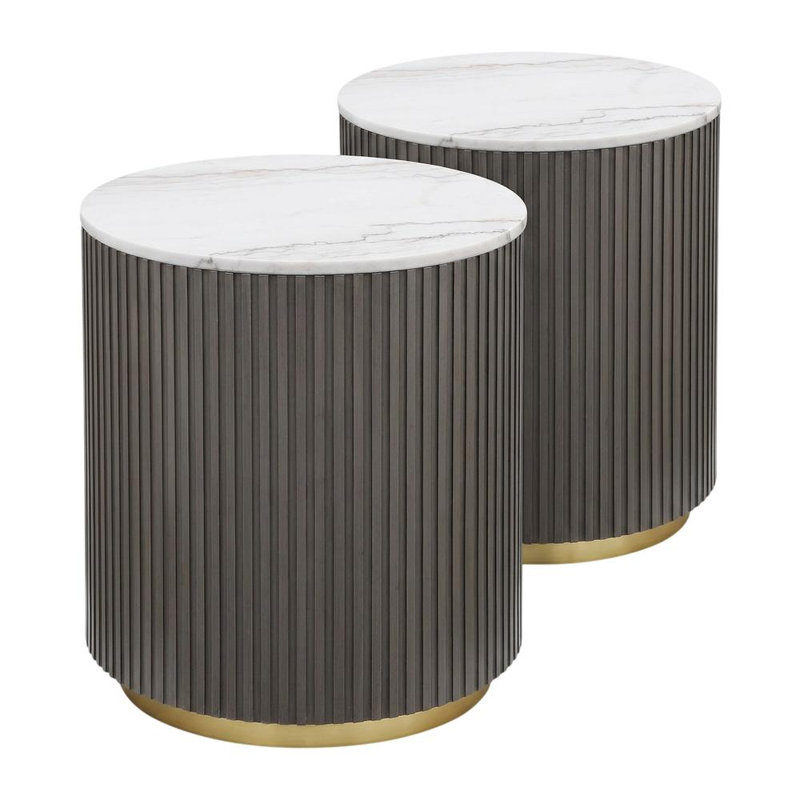 Table de bout ronde en marbre avec base anthracite, ensemble de 2, marbre blanc