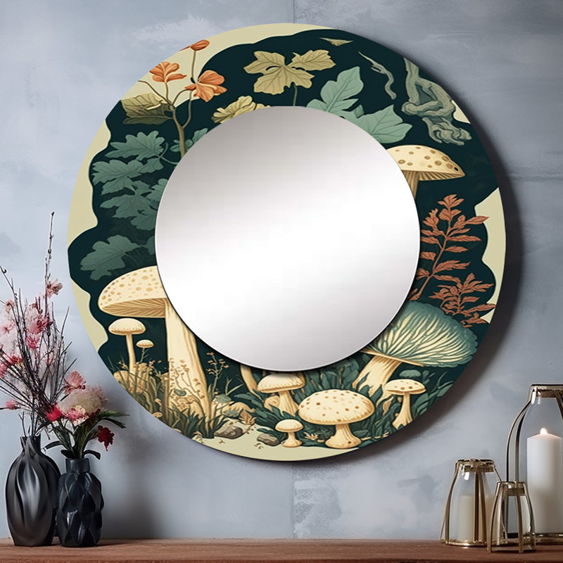 Saviyon Vintage Mushroom Amanita Muscaria III - miroir mural forêt unique, miroir rond crème, impression sur métal