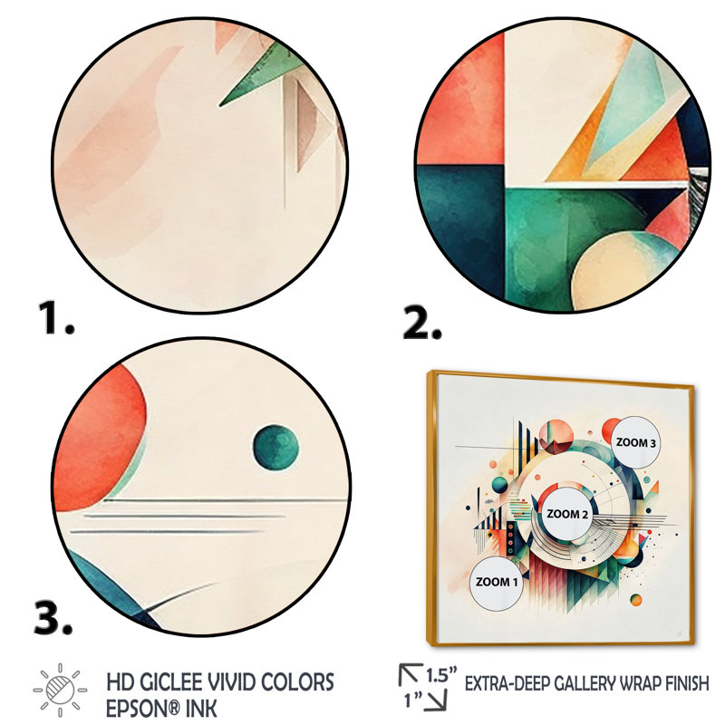 Art géométrique multicolore - peinture sur toile, H 24 po x l 24 po x P 1 po, Toile avec cadre flottant or