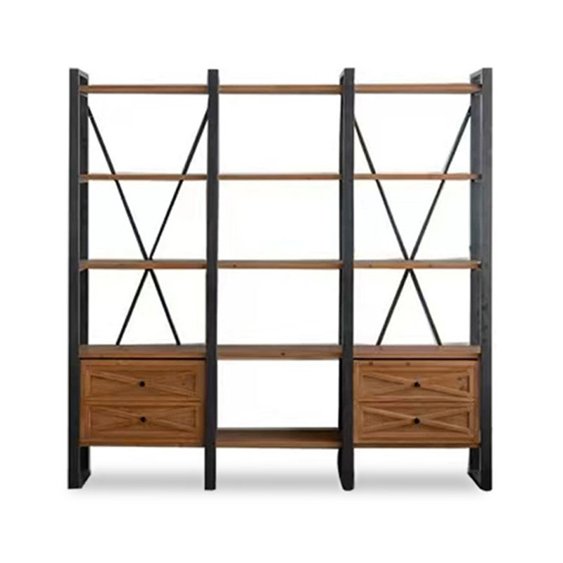 Wood and Metal Combination Bookshelf with Drawers