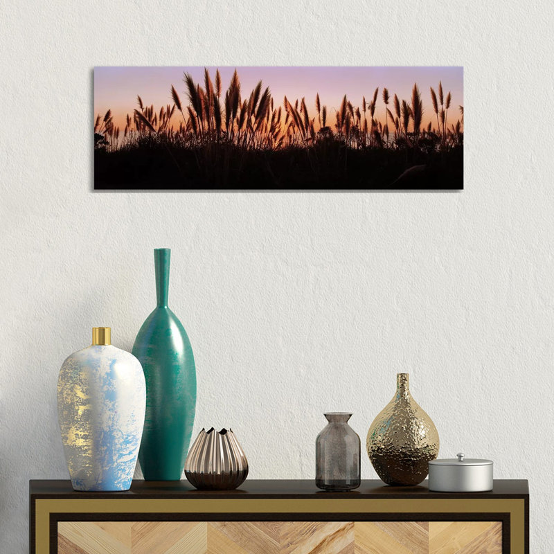 Silhouette Of Grass In A Field At Dusk, Big Sur, California, USA - Wrapped Canvas Panoramic Print