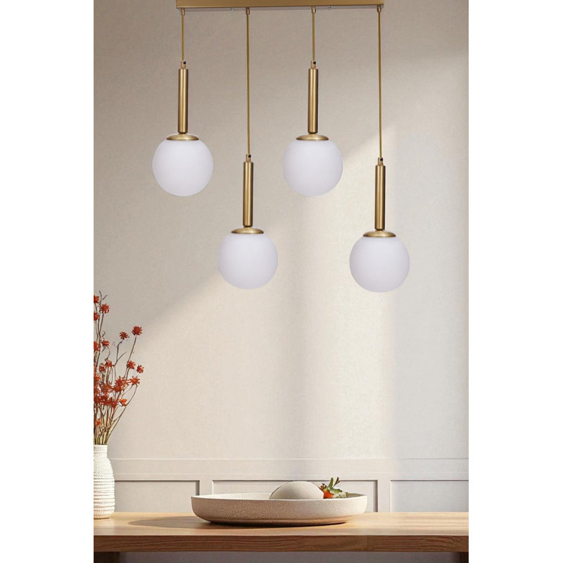 Lustre élégant en métal avec capuchon en verre, hauteur réglable, 31,5 po x 2,4 po x 1,2 po | Blanc et finition dorée | Convient à 4 ampoules E27 (40 W maximum) |  pour les salles à manger et les salons modernes, solution d'éclairage élégante et fonctionnelle