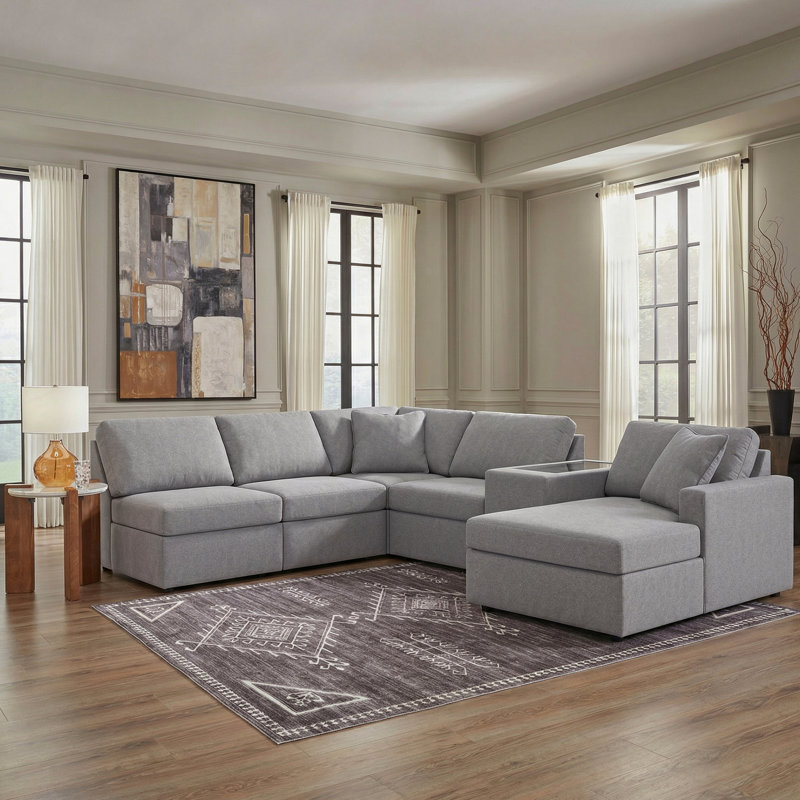 Canapé modulaire 6 pièces avec méridienne et console de rangement Chobanyan, Polyester gris, Face à la droite