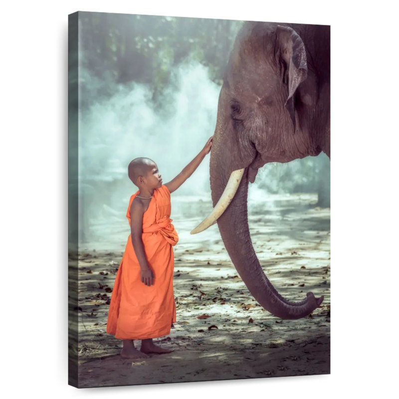 Brampt Young Monk And Elephant, 48" H x 32" W