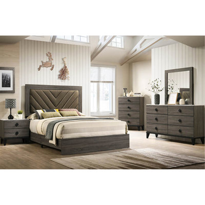 Rustic Accentuated Dark Gray Oak Queen Bed, Fabric Upholstery, Assembly Required Size Bed In With Charisma, Covered, Needed