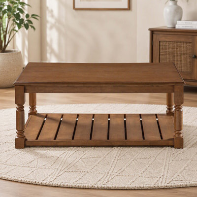 Rectangular Wooden Coffee Table with Turned Solid‑Wood Legs and Slatted Bottom Storage Shelf , Classic Cocktail Center Table for Everyday Living‑Room