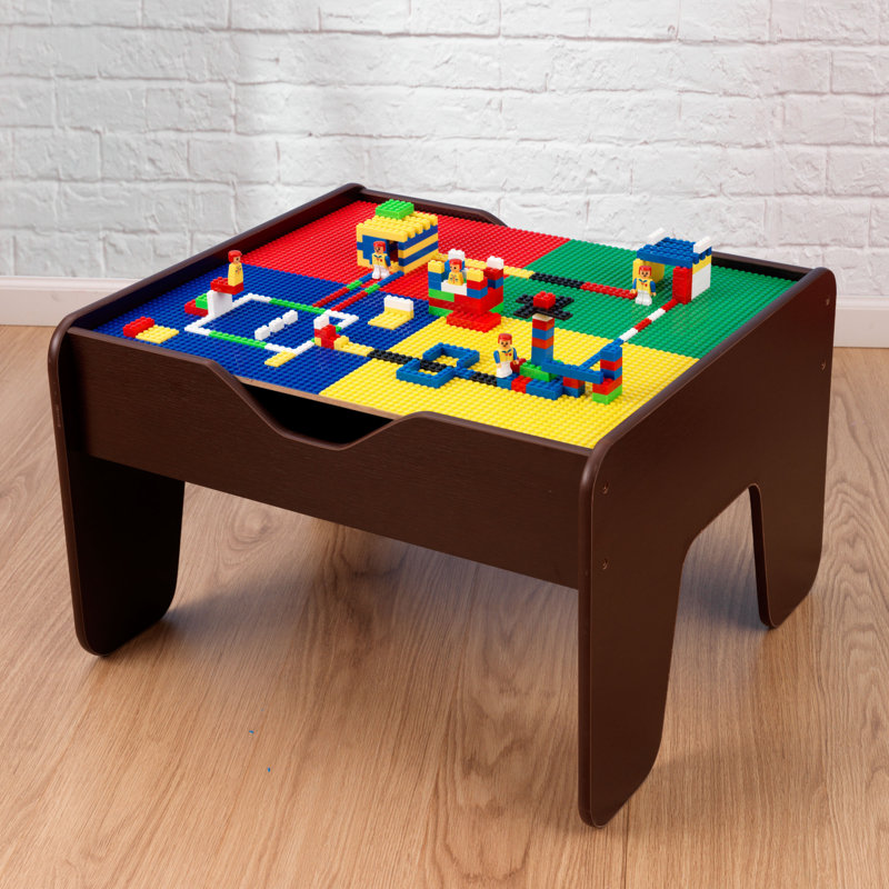 2-in-1 Wooden Activity Table with Board, Train Set and 195 Bricks, Espresso