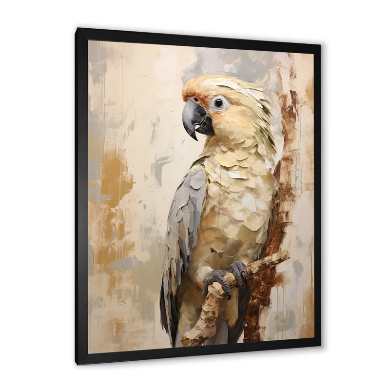 Perroquet beige à plumes élégantes I, H 32 po x l 24 po x P 1 po, Cadre simple noir