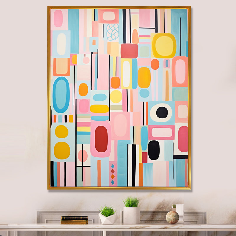 «Pink Mid Century Playful Patterns V», reproduction sur toile abstraite, H 44 po x l 34 po x P 1,5 po, Cadre flottant doré