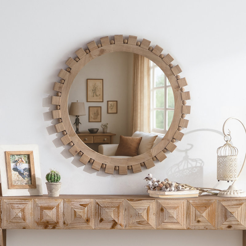 28"×28" Bohemian Style Natural Solid Wood Frame Gear Shape Round Wall Mounted Mirror For Living Room&Bedroom, 28" x 28"