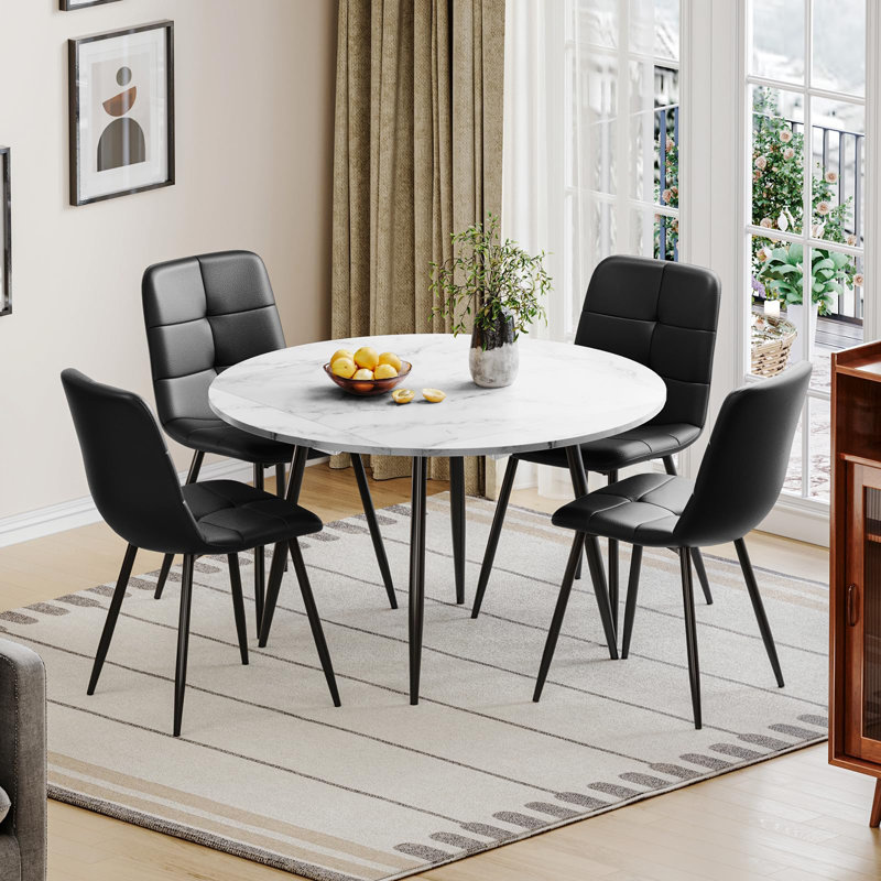 Dining Table And Chairs Set Of 4, Extendable Round Marble Effect Folding Table With Upholstered Tech Fabric Chairs For Dining Room,Kitchen