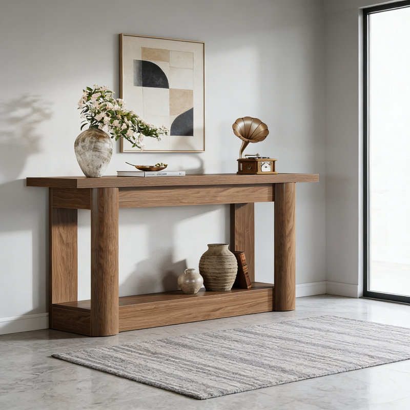 Console 63 po à 2 niveaux, entrée en bois et canapé avec tablette inférieure