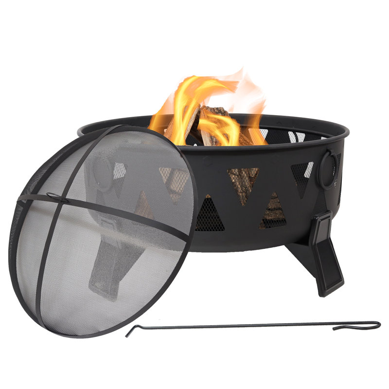 34" Round Wood-Burning Fire Pit Black Finish Steel Fire Pit with Stripe Cutouts
