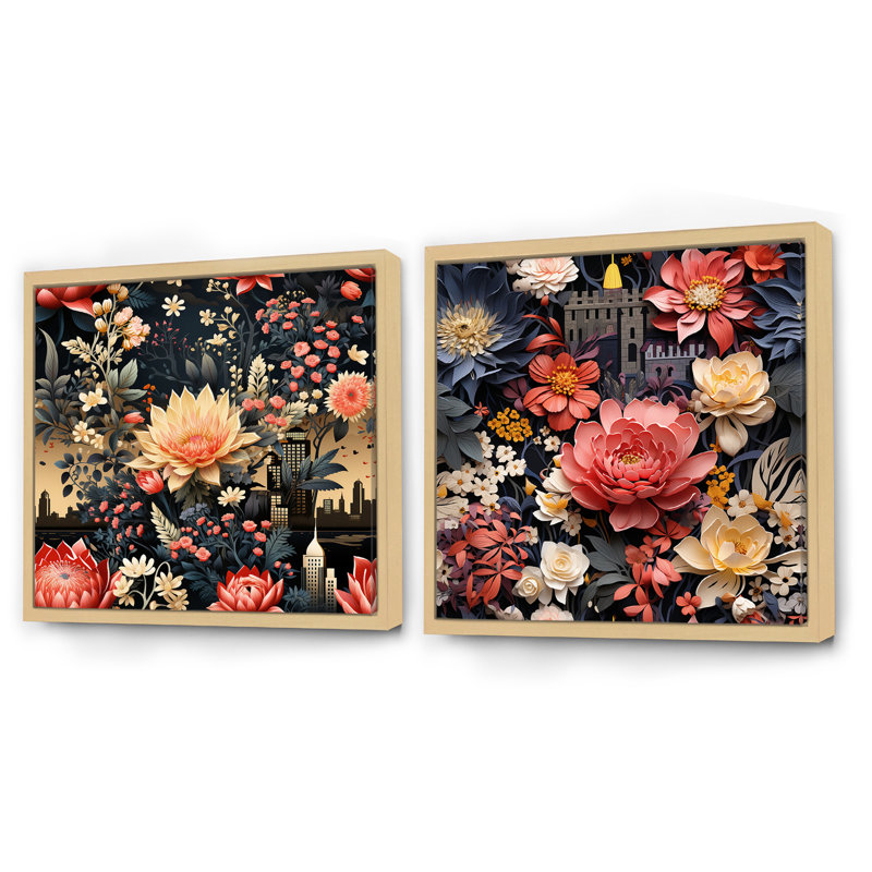 Ensemble de 2 collages carrés floraux Sara, Cadre flottant brun, H 30 po x l 61 po