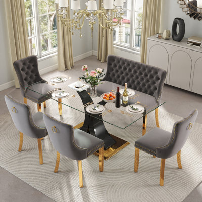 Ensemble de table de salle à manger moderne en verre pour 4/6 personnes, table de cuisine rectangulaire avec chaises en velours, ensemble de mobilier de salle à manger contemporain avec chaise capitonnée et banc