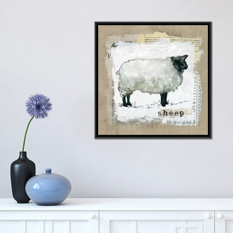 «Burlap Sheep», impression sur toile, H 18 po x l 18 po x P 1,5 po, Toile avec cadre noir, Pas de tapis