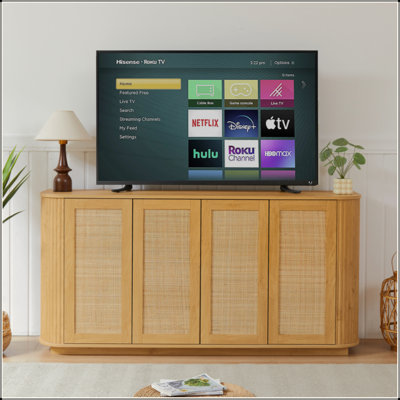 Meuble télé 64 pouces en forme de vague, buffet d'angle arrondi, armoire de rangement, buffet, armoire à rayures verticales en bois avec portes en rotin pour la cuisine / la chambre / le vestibule