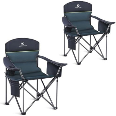 Chaises de camping surdimensionnées entièrement rembourrées avec support lombaire | Armoire en acier robuste de 500 lb, robuste, durable, sac isotherme, tissu Oxford 600D, porte-gobelet, sac de transport, poche, facile à installer