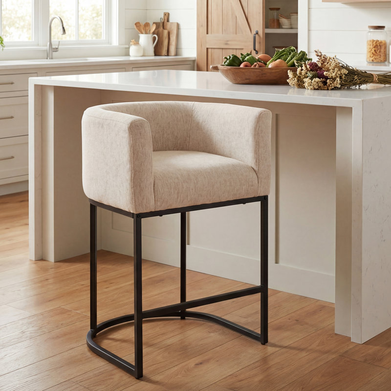 Modern Barrel Counter Stools with Backrest and Arms, Linen Fabric Upholstered Accent Barstools for Kitchen Island,Support 450 LBS