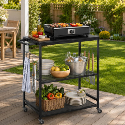 3 Tier Outdoor Grill Cart, Rolling Prep Table with Rust-Resistant Top and Storage Shelves